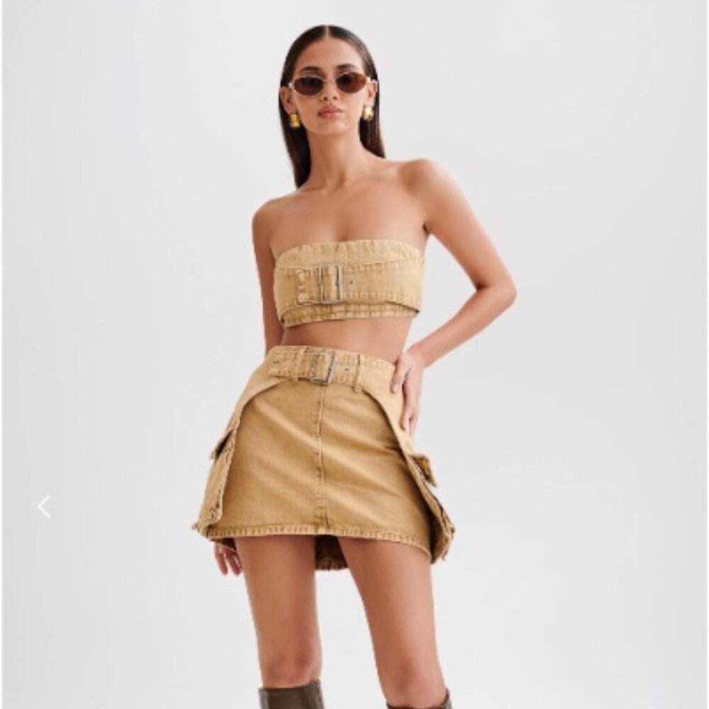 ROWENA Denim Buckle Bandeau - Tan Acid Wash